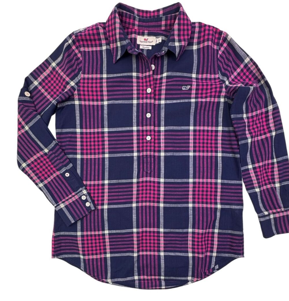 Vineyard Vines Plaid Popover Roll Tab Shirt Linen Blend Whale Logo Pink Navy 4